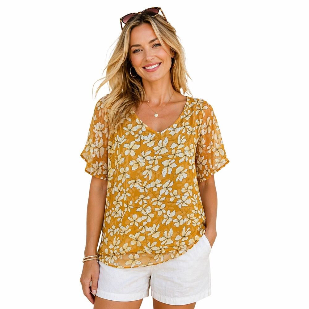 Cabi Thrive #3598 Butterscotch Yellow Layered Short Sleeve Floral Blouse Size S